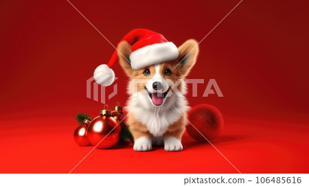 Portrait of a corgi in a New Year's red Santa Claus hat on a red background in the studio. Creative. The concept of Christmas and holidays. New Year's celebration. 106485616