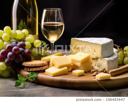 Cheese platter with organic cheeses, fruits, nuts and wine on a wooden background. Delicious cheese appetizer for wine. Wine tasting with cheese. 106485647