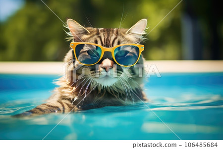 Funny fluffy cat in sunglasses is relaxing in the pool while on vacation in the tropics. Vacation and travel concept. cat in sunglasses Funny fluffy cat in sunglasses is relaxing in the pool while on vacation in the tropics. Vacation and travel concept. cat in sunglasses 106485684