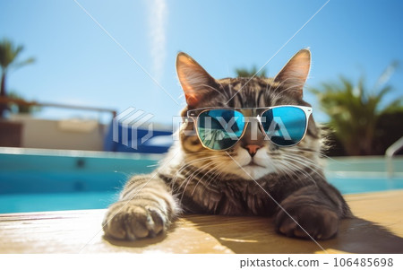 Funny fluffy cat in sunglasses is relaxing in the pool while on vacation in the tropics. Vacation and travel concept. cat in sunglasses 106485698