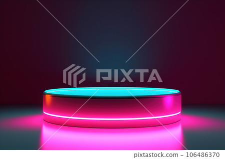 Abstract trendy neon background. Glowing frame with copy space. Empty stage, fashion podium for product displaying. Ai generative 106486370