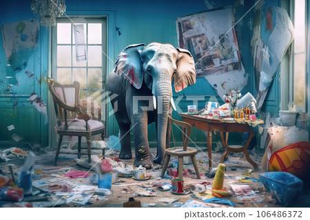 Illustration of a elephant in the room. Metaphor, stress, comfort concept. Generative Ai Illustration of a elephant in the room. Metaphor, stress, comfort concept. Generative Ai 106486372