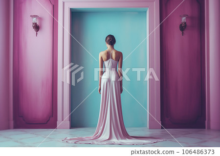 Woman in a beautiful dress infront of teal and pink room interior. Fashion, interior, vivid colors, design. Ai generative. Illustraton. 106486373