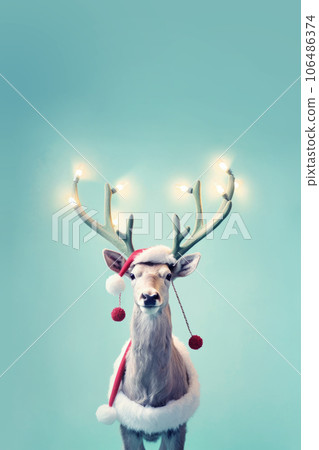 Reindeer with Christmas lights on his antlers. Minimal Christmas background. AI generative, illustration 106486374