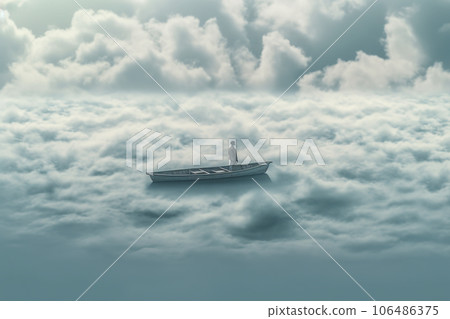 Man in a boat, floating on clouds. Loneliness, mental health, thinking concept. AI generative, Illustration Man in a boat, floating on clouds. Loneliness, mental health, thinking concept. AI generative, Illustration 106486375