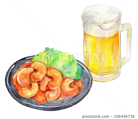 Shrimp chili and draft beer set watercolor illustration 106486736