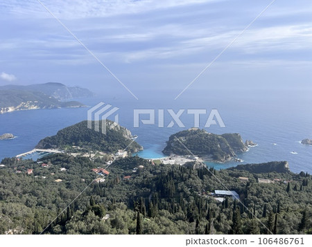 View from Angelokastro hill in Corfu serpantines Kastelli beach 106486761