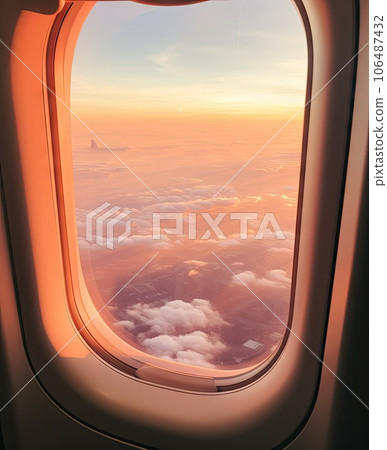 an airplane window with the sun setting in the sky and clouds behind it, as seen from inside the plane an airplane window with the sun setting in the sky and clouds behind it, as seen from inside the plane 106487432