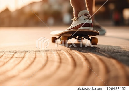 someone's feet on a skateboard in the middle of an urban street with buildings and people walking nearby 106487462