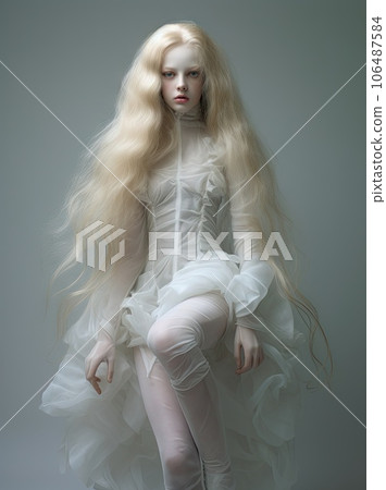 a woman with long blonde hair and white dress sitting on top of a chair in front of a gray background a woman with long blonde hair and white dress sitting on top of a chair in front of a gray background 106487584
