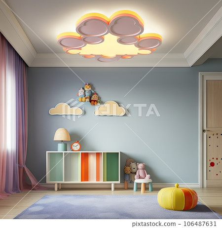 a child's room with blue walls, wooden flooring and an orange cloud shaped light fixture on the ceiling 106487631
