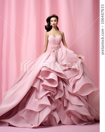 a woman wearing a pink wedding dress with ruting on the skirt and top, standing in front of a pink backdrop a woman wearing a pink wedding dress with ruting on the skirt and top, standing in front of a pink backdrop 106487633