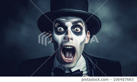 a man in a top hat and bow tie with his mouth wide open, looking scaredly at the camera a man in a top hat and bow tie with his mouth wide open, looking scaredly at the camera 106487663
