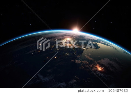 the earth from space, with lights shining in the distance and some stars on the horizon behind it stock photo 106487683
