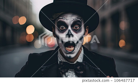 a man dressed up as a skeleton with his face painted to look like he is wearing a top hat and bow tie a man dressed up as a skeleton with his face painted to look like he is wearing a top hat and bow tie 106487717