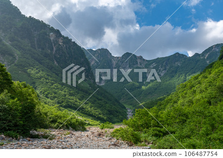 Scenery of Mt. Yarigatake from Kamikochi in summer Scenery of Mt. Yarigatake from Kamikochi in summer 106487754