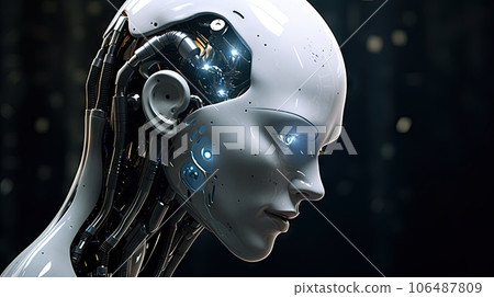 a woman's face with blue eyes and an artificial head in the fore - image is taken from above a woman's face with blue eyes and an artificial head in the fore - image is taken from above 106487809