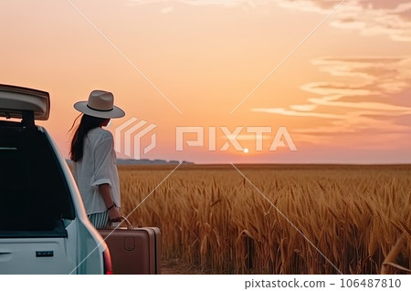 a woman standing next to a car in a wheat field at sunset with the sun setting on the horizon behind a woman standing next to a car in a wheat field at sunset with the sun setting on the horizon behind 106487810