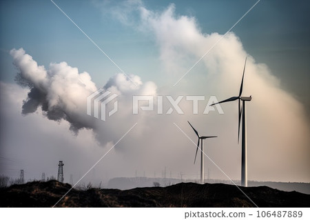 wind turbines and smoke coming from the chimneys on a hill in front of an industrial area with power lines 106487889