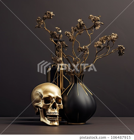 two vases with flowers in it and a skull statue next to them on a dark background the photo is taken from above 106487915
