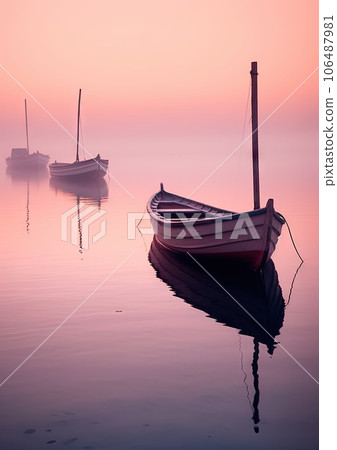 two boats floating in the water at sunset, one is red and the other is white with reflections on the water two boats floating in the water at sunset, one is red and the other is white with reflections on the water 106487981