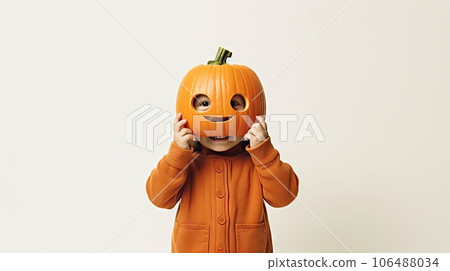 a little girl wearing a pumpkin costume and holding her hands in front of her face, smiling at the camera a little girl wearing a pumpkin costume and holding her hands in front of her face, smiling at the camera 106488034