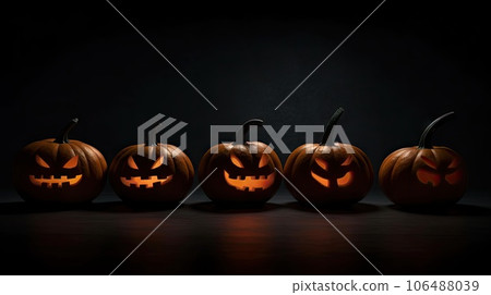 three carved halloween pumpkins on a black background, with one lit up in the dark and the other glowing three carved halloween pumpkins on a black background, with one lit up in the dark and the other glowing 106488039