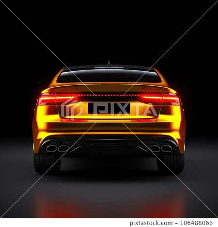 the rear end of a yellow sports car with its lights turned to look like it's driving on a black background 106488066