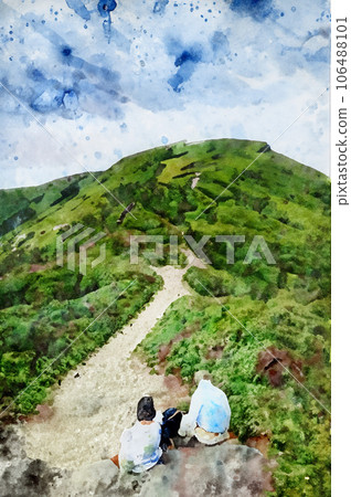 一對老夫婦在谷川山的山路上休息的插圖 106488101