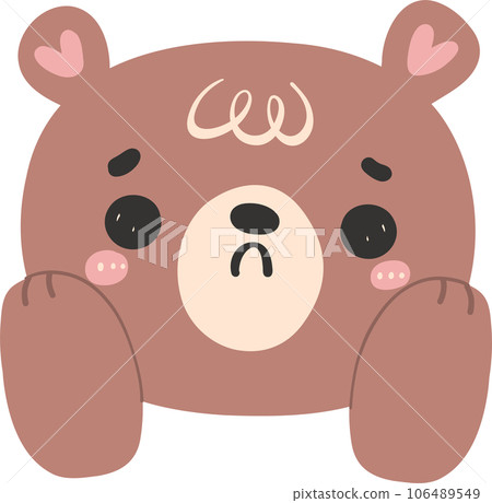 Cute brown bear face with hands, kawaii animal woodland cartoon doodle flat design. Cute brown bear face with hands, kawaii animal woodland cartoon doodle flat design. 106489549