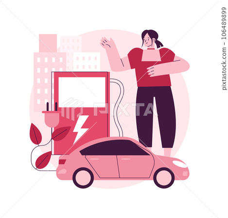 Charging station abstract concept vector illustration. Electric vehicle, recharging point, plug-in hybrids, alternative fuel, electrical outlet, battery capacity, power abstract metaphor. 106489899
