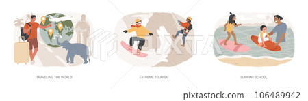 Holiday trip isolated concept vector illustration set. Traveling the world, extreme tourism, surfing school, hitchhiking, travel blog, foreign country destination, plane departure vector concept. 106489942