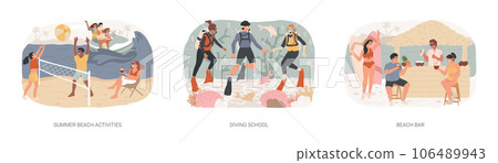 Summer resort isolated concept vector illustration set. Beach activities, surfing and diving school, beach bar, sea coast restaurant, water sport, scuba diver, tropical cocktail vector concept. 106489943