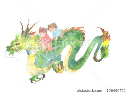 龍帶著孩子的水彩畫，明信片大小，沒有祈禱 106490711