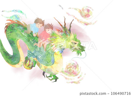 Watercolor painting of a dragon carrying a child, postcard size without prayers 106490716