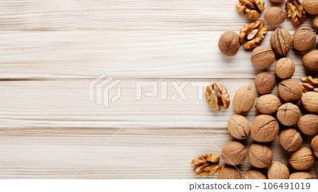Organic Walnut Nuts Photorealistic Horizontal Background. Nutritious Vegetarian Protein Snack. Ai Generated Backdrop with Copyspace. Tasty Walnut Nuts. Organic Walnut Nuts Photorealistic Horizontal Background. Nutritious Vegetarian Protein Snack. Ai Generated Backdrop with Copyspace. Tasty Walnut Nuts. 106491019