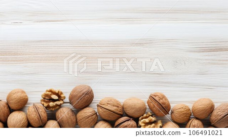 Organic Walnut Nuts Photorealistic Horizontal Background. Nutritious Vegetarian Protein Snack. Ai Generated Backdrop with Copyspace. Tasty Walnut Nuts. 106491021