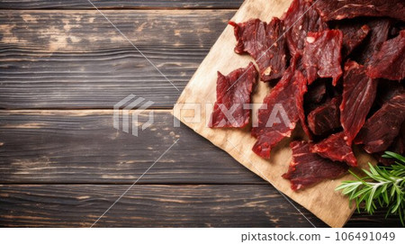 Delicious Beef Jerky Meat Product Photorealistic Horizontal Background. Savory Food, Gourmet Appetizer. Ai Generated Backdrop with Copyspace. Deli Beef Jerky Meat Product. Delicious Beef Jerky Meat Product Photorealistic Horizontal Background. Savory Food, Gourmet Appetizer. Ai Generated Backdrop with Copyspace. Deli Beef Jerky Meat Product. 106491049