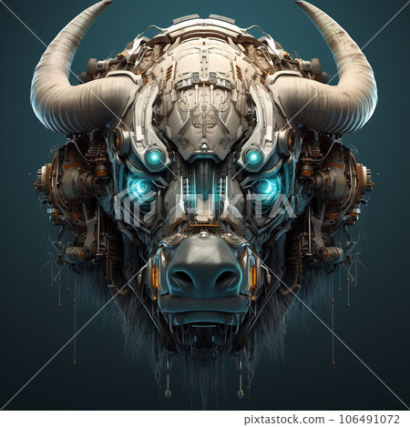 A bison head that is a futuristic machine of the future world. Wildlife Animals. Illustration, Generative AI. A bison head that is a futuristic machine of the future world. Wildlife Animals. Illustration, Generative AI. 106491072