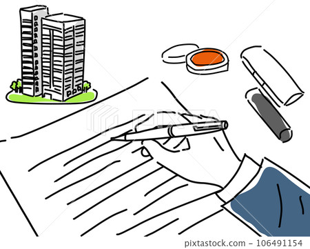 Hand simple line drawing to sign an apartment contract Hand simple line drawing to sign an apartment contract 106491154