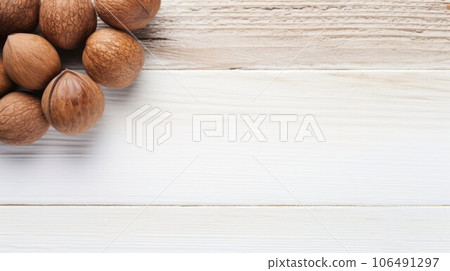 Aromatic Nutmeg Spice Photorealistic Horizontal Background. Healthy Vegetarian Diet. Ai Generated Backdrop with Copyspace. Flavory Nutmeg Spice. 106491297