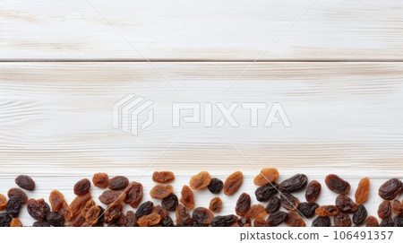 Organic Dried Raisins Berry Photorealistic Horizontal Background. Healthy Vegetarian Energy Snack. Ai Generated Backdrop with Copyspace. Chewy Dried Raisins Berry. 106491357