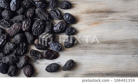 Organic Dried Prunes Fruit Photorealistic Horizontal Background. Healthy Vegetarian Energy Snack. Ai Generated Backdrop with Copyspace. Chewy Dried Prunes Fruit. 106491359
