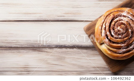 Freshly Baked Cinnamon Roll Pastry Photorealistic Horizontal Background. Crusty Pastry, Gourmet Bakery. Ai Generated Backdrop with Copyspace. Traditional Cinnamon Roll Pastry. 106492362