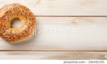 Freshly Baked Bagel Bread Photorealistic Horizontal Background. Crusty Pastry, Gourmet Bakery. Ai Generated Backdrop with Copyspace. Traditional Bagel Bread. 106492395