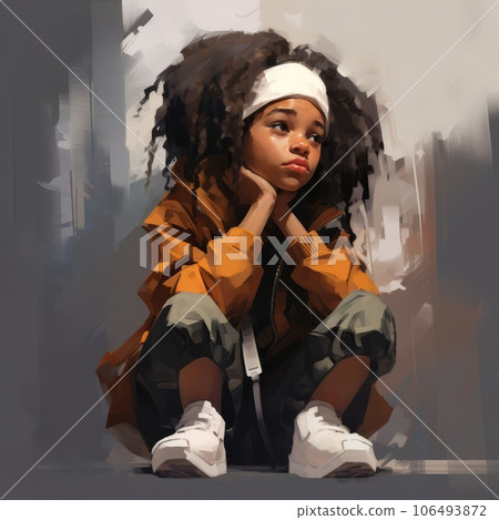 Black girl in thinking and doubts pose oil painted illustration. Female character with dreamy face on abstract background. Ai generated acrylic canvas bright poster. 106493872
