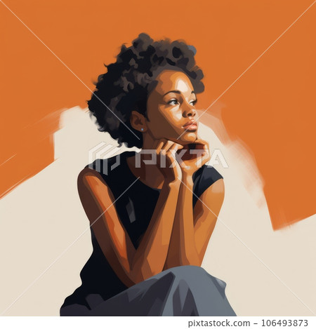 Black girl in thinking and doubts pose oil painted illustration. Female character with dreamy face on abstract background. Ai generated acrylic canvas bright poster. 106493873
