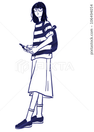 Girl with glasses reading while carrying a backpack 106494054