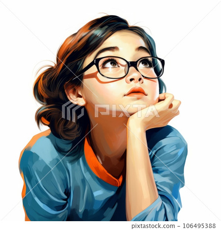 Asian girl in thinking and doubts realistic illustration. Young woman character with dreamy face on abstract background. Ai generated bright colorful poster. 106495388