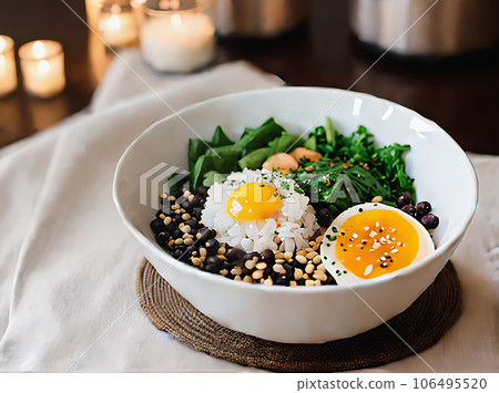 Realistic poke bowl neutral palette warm lighting 106495520